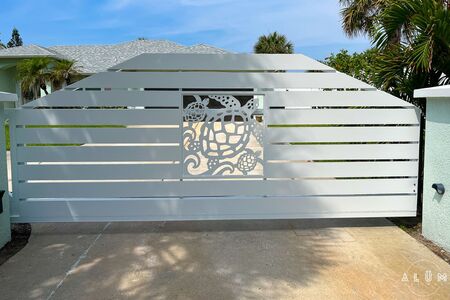 White Aluminum Horizontal Cantilever Entry Gate With Turtles Detail